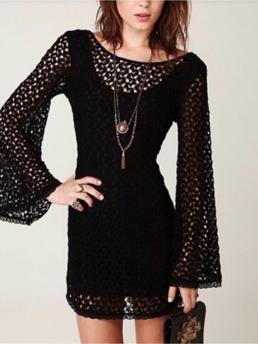 NWT Free People Black Crochet Bell-Sleeve Mini Dress Small